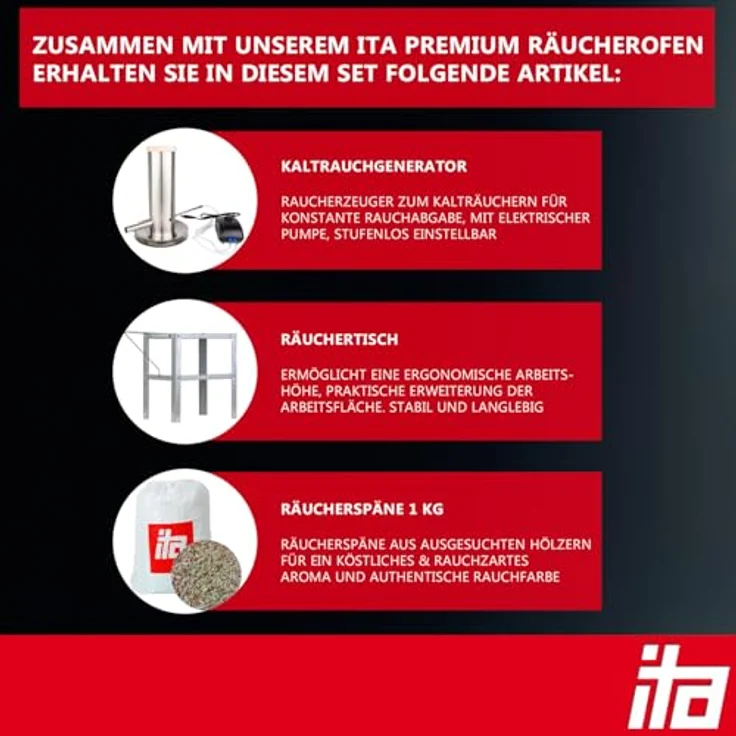 ITA Räucherofen 7000, Smoker Set aus legiertem Stahl mit integriertem Rauchgenerator, 81 cm, 3 Etagen, Fenster & Thermometer, EU Qualität – Bild 2