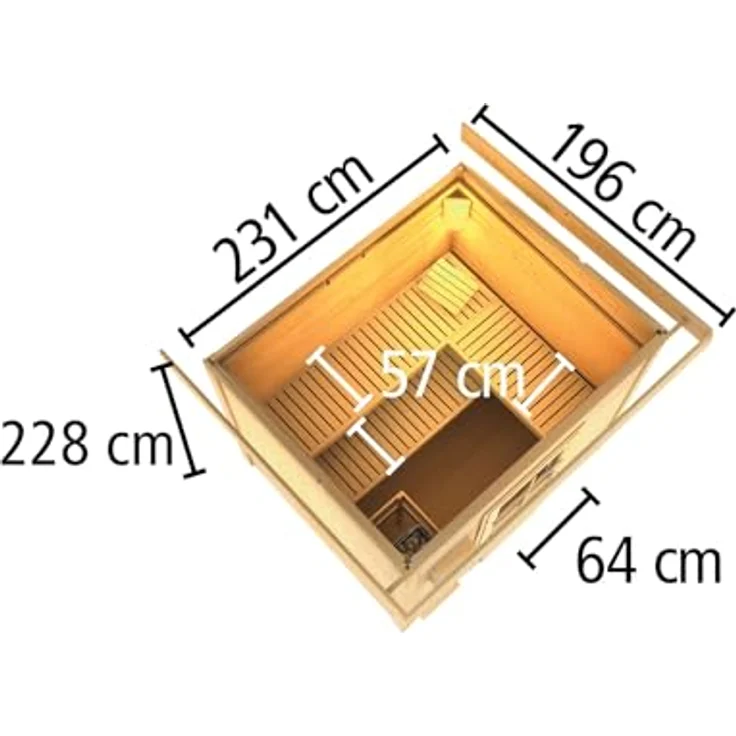 CHILLROI Saunahaus Kaapi, 38mm Wandstärke, inkl. Ofen 9 kW, externe Steuerung, naturbelassen – Bild 6
