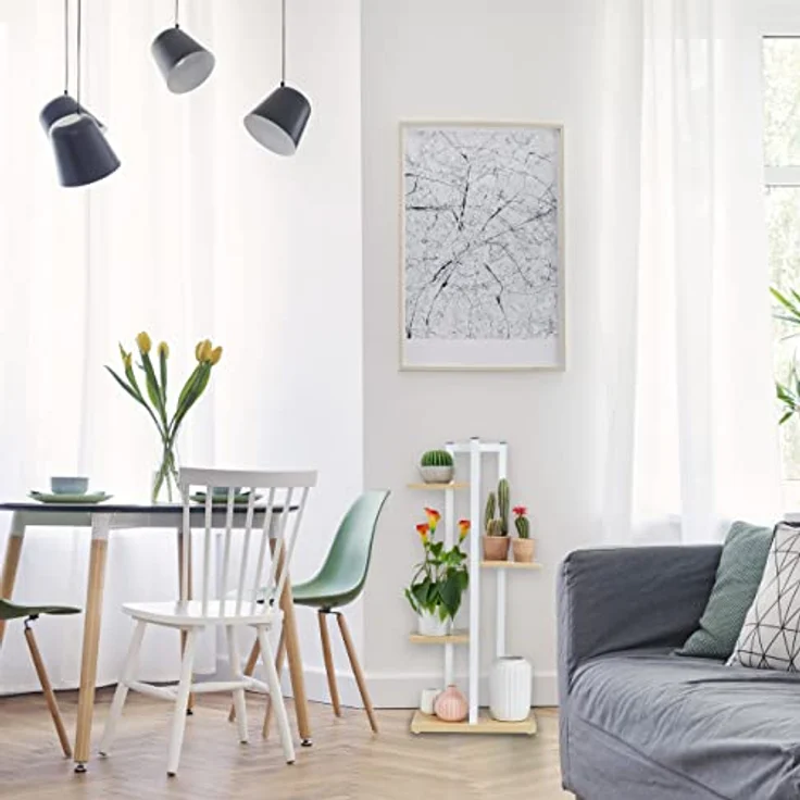 Relaxdays Blumenregal Metall, 4-stufige Indoor Blumentreppe, Holzoptik, HxBxT: 93x42,5x22,5 cm, Pflanzenregal, hellbraun – Bild 2