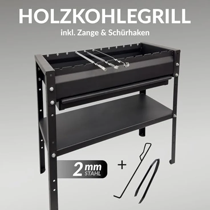 Kvota Mangal Grill 80 cm, Holzkohlegrill aus 2 mm Stahl, höhenverstellbare Ablage, 12 manuell drehbare Spießauflagen, Ascheschublade, inkl. Zange & Schürhaken – Bild 2