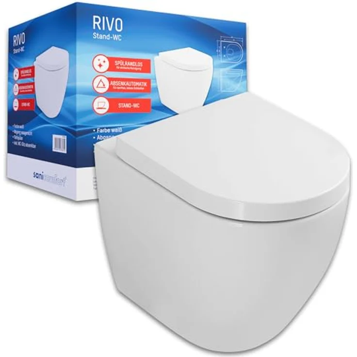 sanicomfort Stand-WC Set „Rivo“, spülrandlos mit Absenkautomatik, Tiefspüler, waagerechter Abgang, glänzend Weiß – Bild 1