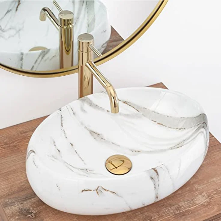 REA Waschbecken Waschtisch Aufsatzwaschbecken Keramik Handwaschbecken Aufsatz Waschschale Oval Elfenbein Stein Marmor ​33x48 Badezimmer Armatur Wasserhahn Bad Armaturen Nano-Beschichtun – Bild 5