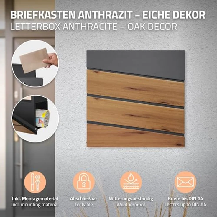 Briefkasten 37x36,5x11 cm Anthrazit-Holzoptik aus Stahl ML-Design – Bild 2