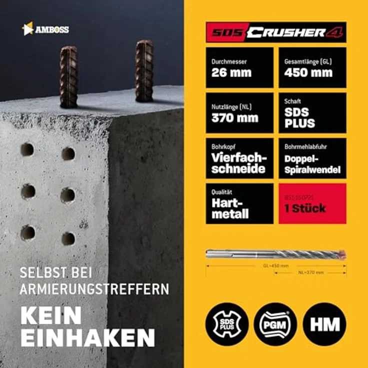 AMBOSS SDS Plus Hammerbohrer 4X Schneiden PGM Ø 26.0mm x 370mm, Hartmetall Profi Bohrer für Beton, Mauerwerk und Ziegel – Bild 4
