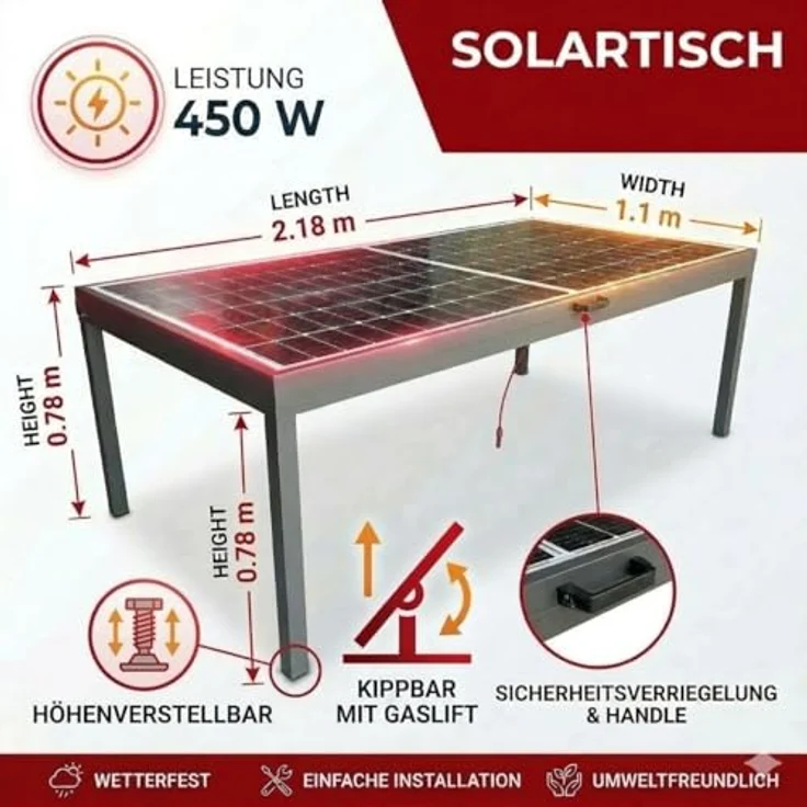 Jet-Line JET-LINE 450W Solar-Tisch, Aluminium Gartentisch mit Liftfunktion für 6-8 Personen, schwarz – Bild 3