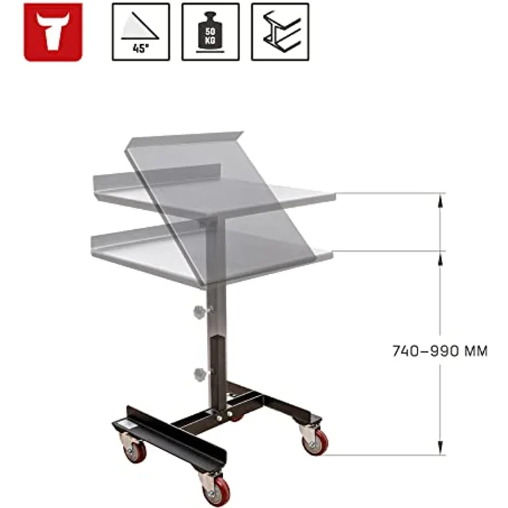 STIER Materialständer, höhenverstellbar 710-960 mm, Tragkraft 50 kg, Neigung verstellbar 0-45°, mobil mit 4 Lenkrollen, Werkstattausrüstung – Bild 3