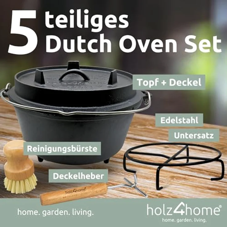 holz4home® Dutch Oven Gusseisen I 9L Feuertopf mit Zubehör I Deckelheber Reinigungsbürste Untersetzer Schmortopf zum Camping – Bild 3