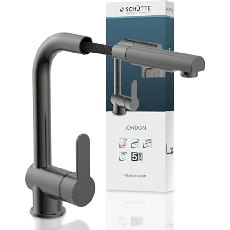 Schütte Spültischarmatur LONDON, energiesparende Cold-Start-Funktion, 360° schwenkbar, herausziehbar, mit 150 cm Brauseschlauch – Bild 1