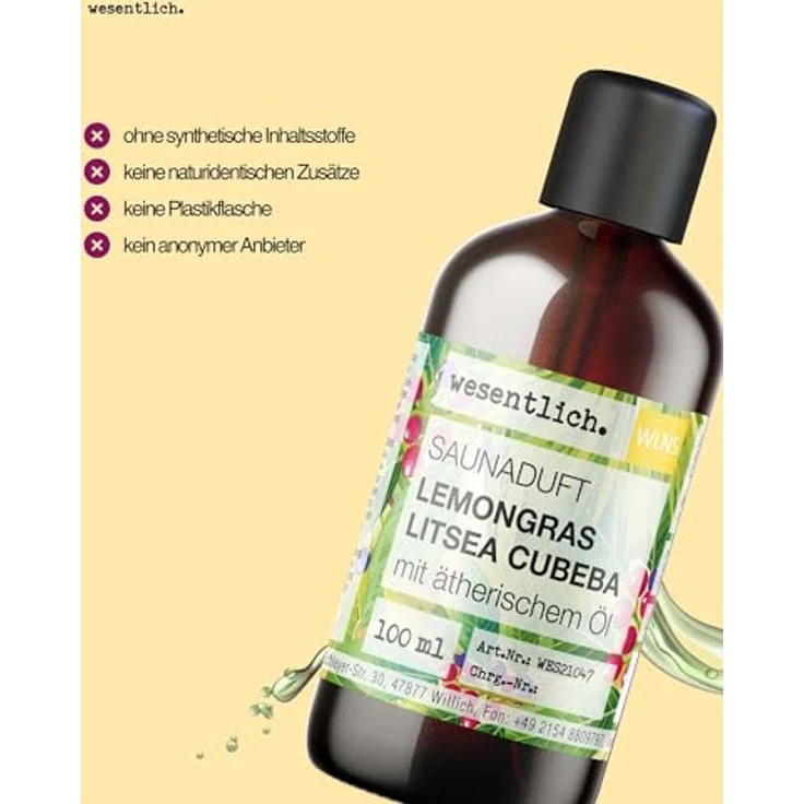 wesentlich. Saunaaufguss Lemongras-Litsea Cubeba, 100ml Braunglasflasche mit 100% naturreinen ätherischen Ölen für intensiven Saunaduft – Bild 5