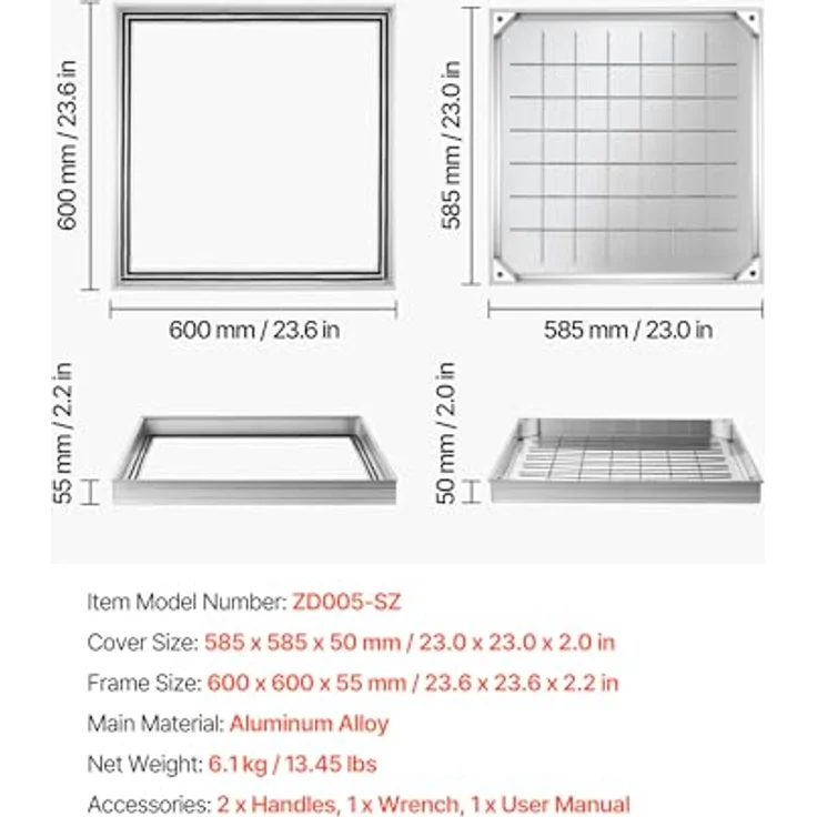 VEVOR Schachtabdeckung mit Rahmen 60 x 60 cm, Unsichtbarer Klärgrubendeckel aus Aluminiumlegierung für Gehwege und Gärten, leicht zu öffnend mit Tragegriffen – Bild 3