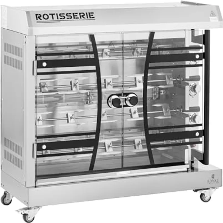 Royal Catering Hähnchengrill Gas 4 Spieße mit Beleuchtung und Rädern 3 x 5,5 kW mit Drehspieß, mobiler Gastro-Hähnchengrill, Edelstahl