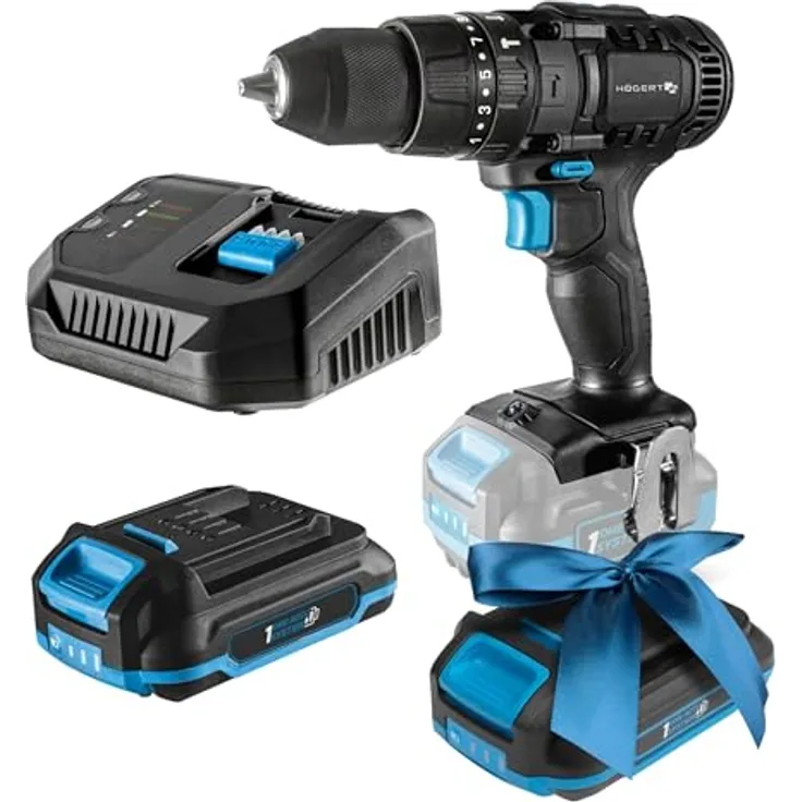 HÖGERT TECHNIK Akku-Schlagbohrschrauber Set 18V, 50 Nm, 2,0 Ah Akku, 4A Ladegerät, Metallgetriebe, LED-Beleuchtung, für Beton, Holz & Metall