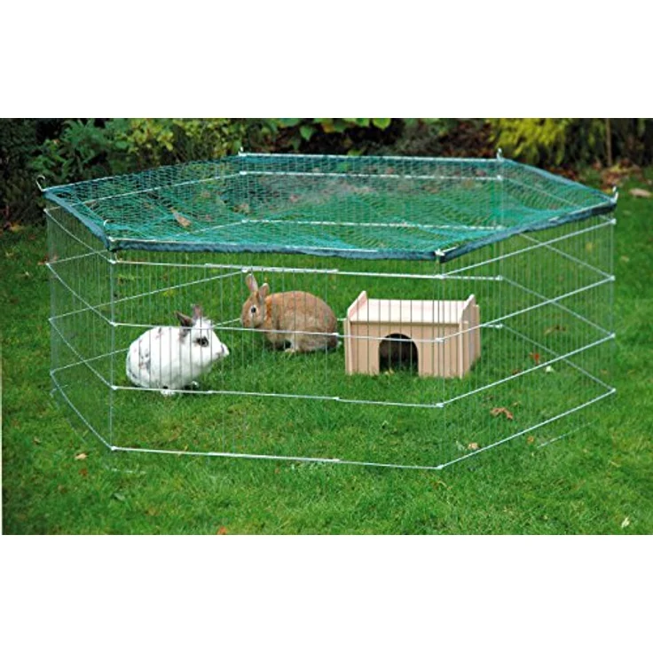 dobar® 80592 6-eckiges Freigehege mit Schutznetz - verzinkter Auslauf für Nagetiere - Wetterfestes Kaninchengehege mit Nagerhaus - 165 x 145 x 60 cm - Silber – Bild 4