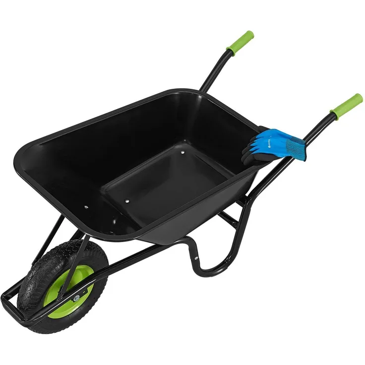 Juskys Schubkarre Garden, 100L, bis 210 kg, Luftreifen, verzinkte Wanne, inkl. Handschuhe, Schwarz/Grün