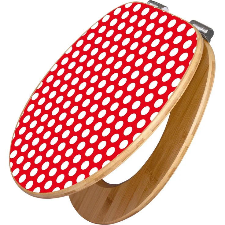 Banjado Bambus Holz WC Sitz mit Absenkautomatik, Toilettendeckel Soft Close mit rotem Punktmotiv, Universalgröße