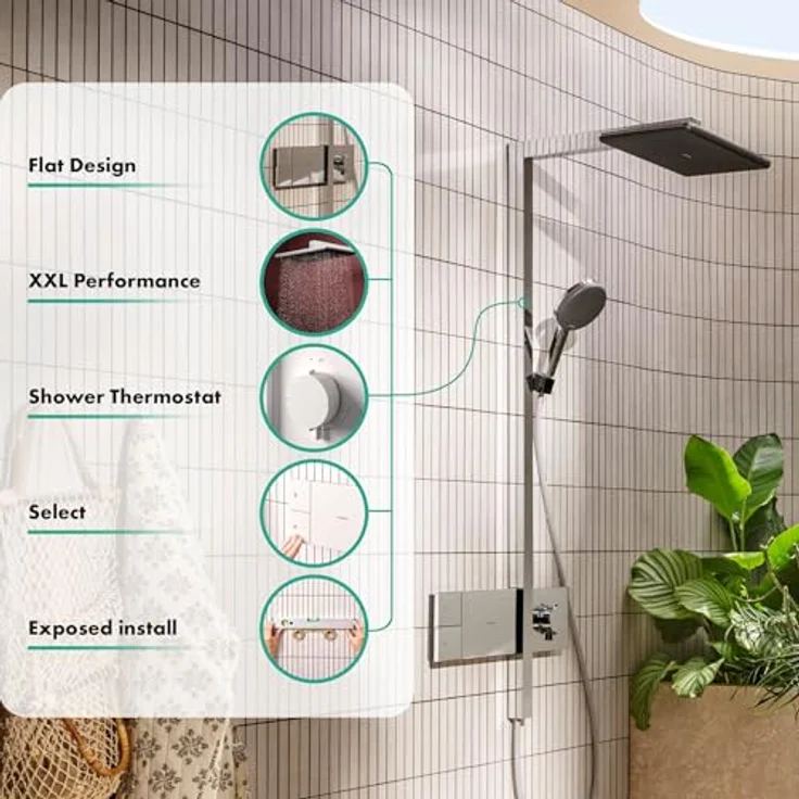 hansgrohe Raindance Alive Q, Duschsystem mit Thermostat, Regendusche 340 x 210 mm, Handbrause mit 3 Strahlarten, matte weiße Oberfläche und grafitfarbene Strahlplatte – Bild 2