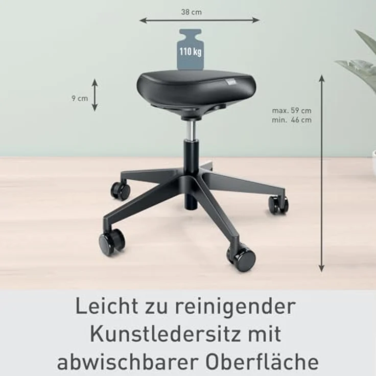 Leitz Ergo Höhenverstellbarer Sitzhocker, Bürohocker mit Sitzpolster und Rollen, ergonomischer Drehhocker schwarz, 46–59 cm, Ergo-Serie, 65780095 – Bild 3