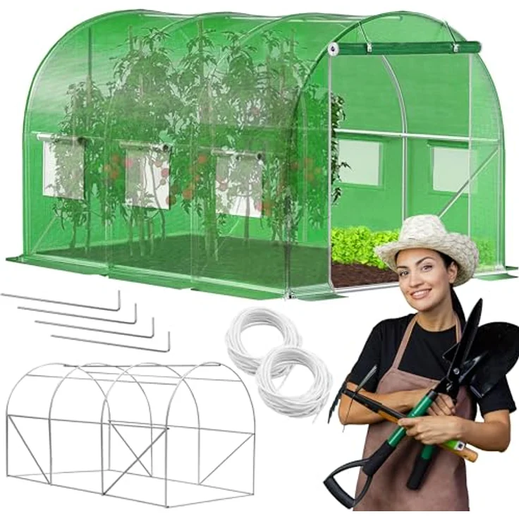 SPRINGOS Folientunnel Bogendach Fenster Gewächshaus 200 x 300 x 200 cm, UV-Schutz, belüftbar, grün – Bild 4