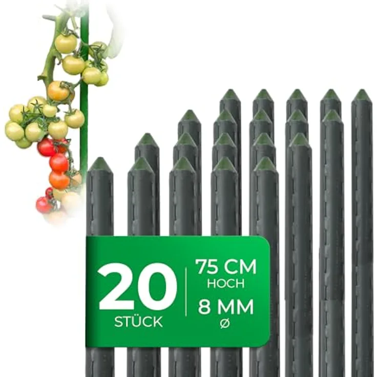 Novatool 20 Stück Pflanzstäbe 75 cm, grün, metallisch, stabil, kunststoffummantelt für Kletterpflanzen und Rankhilfe