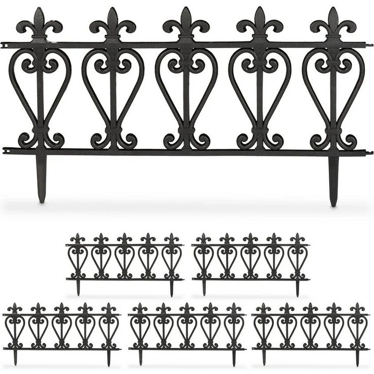 relaxdays Beetbegrenzung Beeteinfassung Kunststoff 6er Set, 6er Set - Schwarzer Niedriger Steckzaun mit Fleur-de-Lis-Verzierungen – Bild 1
