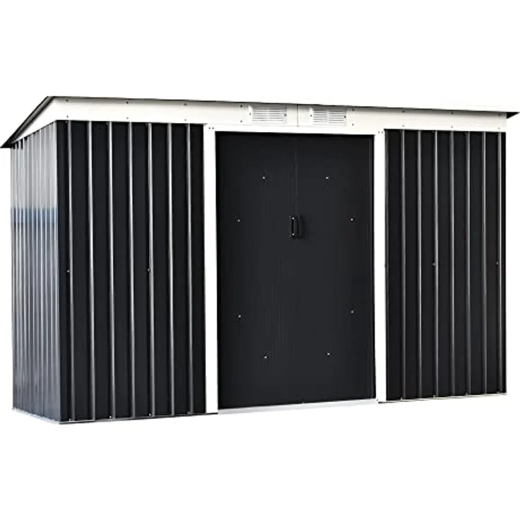 Outsunny Gerätehaus, Gartenhaus, Geräteschuppen mit Schiebetür, Lüftungsfenster, Pultdach, Outdoor, Stahl, Dunkelgrau, 280 x 130 x 172 cm – Bild 1