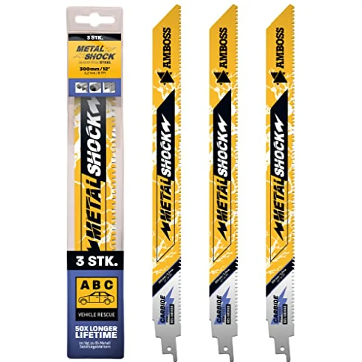 AMBOSS METAL SHOCK - 3x Säbelsägeblatt Länge 300 mm / 8 ZpZ - ideal für Abriss / Fahrzeugrettung / Aufbau / Demontage / Rohrleitungsbau - geeignet für Stahl (Rohre / Profile / Träger) sowie Gussrohre