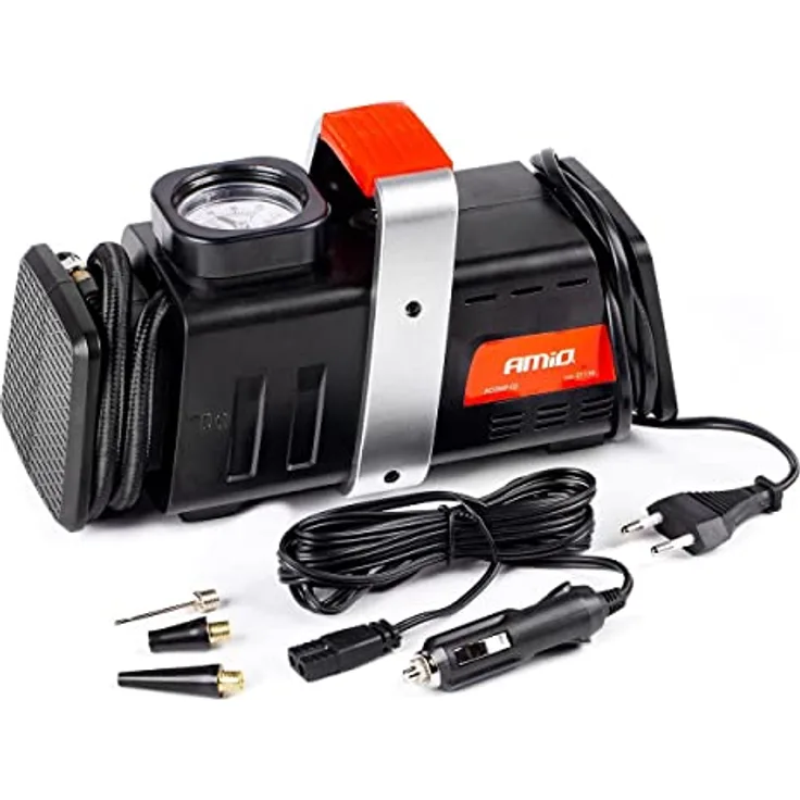 AMiO Luftkompressor 12V / 230V, 150 Psi, tragbar mit 55 cm Druckschlauch und Manometer