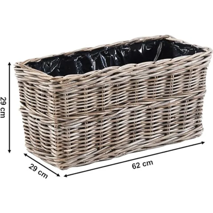 Kobolo Blumenbank Lauro, eckiger Pflanzkorb aus Rattan mit Folie, grau, 62x29x29 cm, Dekokasten für Balkon, Terrasse, Garten und Innenbereich – Bild 3