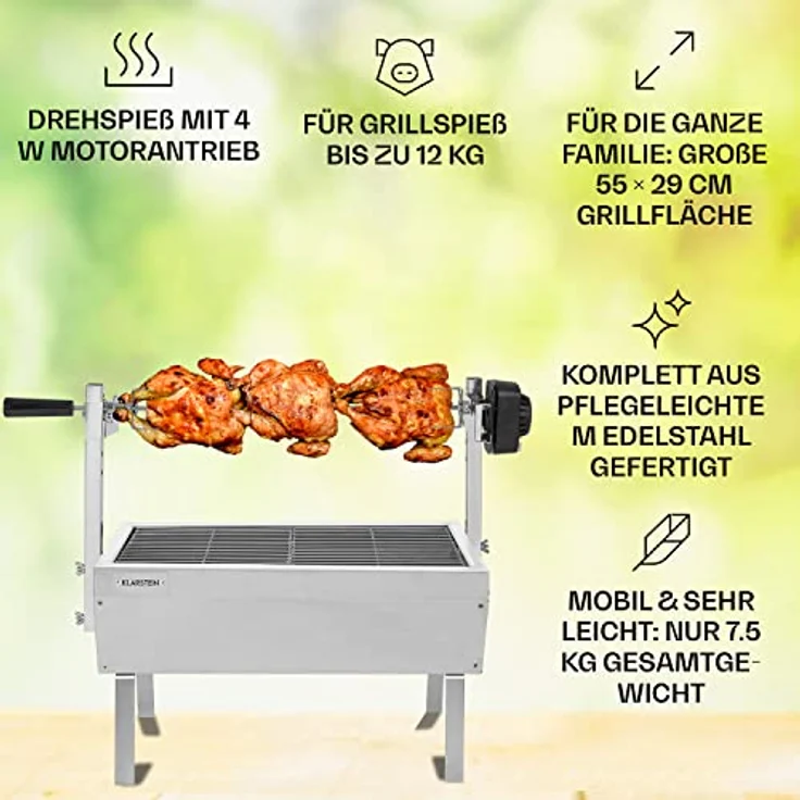 Klarstein Sauenland Mini, 2-in-1 Rotisserie Grill mit Motor, Edelstahl-Drehspieß und Grillfläche 55 x 29 cm, Holzkohlegrill mit Rollen – Bild 2