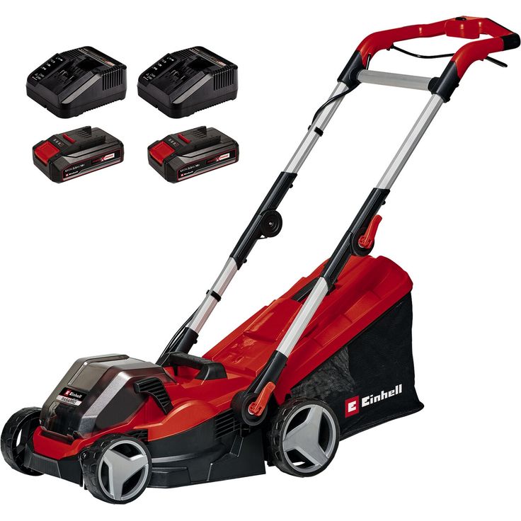 Einhell Akku-Rasenmäher 'Rasarro 36/250', für Rasenflächen bis 250 m², 34 cm Schnittbreite, inklusive 2x 2,5 Ah Akkus und Ladegeräten, höhenverstellbarer Griff