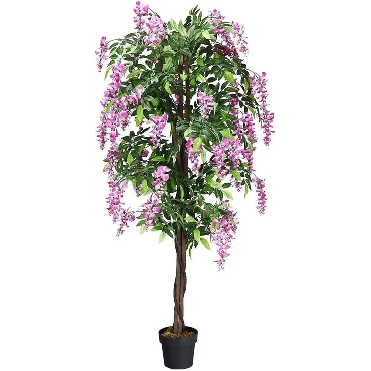 COSTWAY Kunstbaum mit 2 Stämmen und 1260 Blättern, Kunstblume Rosa, 180 cm Höhen, Kunststofftopf mit Zementfuß