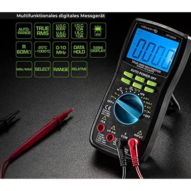 Högert Technik - Multifunktionales Digitales Messgerät I RMS I LCD-Bildschirm I Gummiummantelung I Ergonomisch und Kompakt I Inklusive Messkabel I HT1E604 – Bild 2