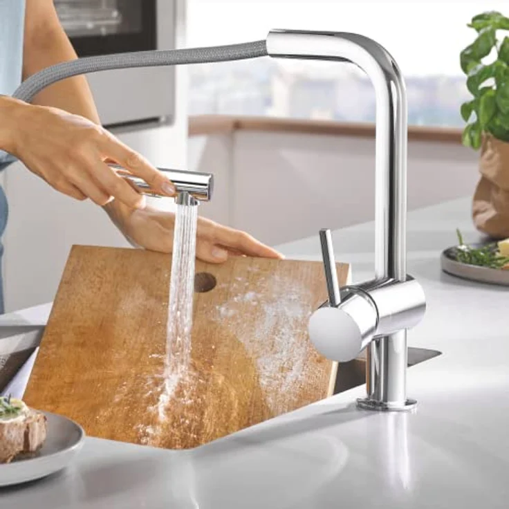 Grohe Minta L-Auslauf Küchenarmatur, Einhand-Spültischbatterie mit ausziehbarer Dual-Spülbrause, StarLight Chrom, Hochdruck – Bild 6