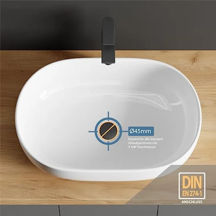 Planetmöbel Aquil Deluxe Waschbecken Oval | Aufsatzwaschbecken für Badezimmer und Gäste-WC | Handwaschbecken ohne Hahnloch und Überlauf | weiß, 60 x 40 x15 cm – Bild 3