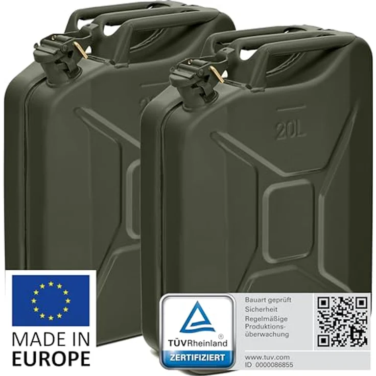 BW® Benzinkanister Metall 2x 20 Liter, TÜV-geprüfter Kraftstoffkanister in Bronzegrün RAL 6031-F9, 0,9mm Stahl, UN-zugelassen, für Benzin, Diesel und E10, Made in Europe – Bild 2