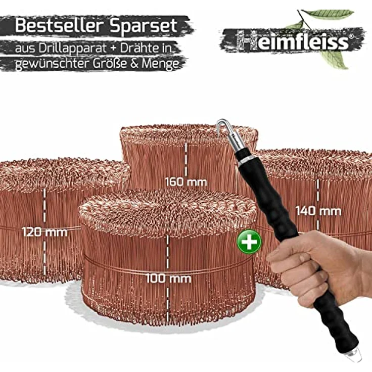 Heimfleiss® Drillapparat Driller + verkupfertem Rödeldraht 1,0 x 100-160 mm (250 Stk.) - hochwertiges Set aus Drahtbinder Rödelzange & Bindedraht Sackverschluss - Drahtverschluss Ösendraht Drill Draht – Bild 2
