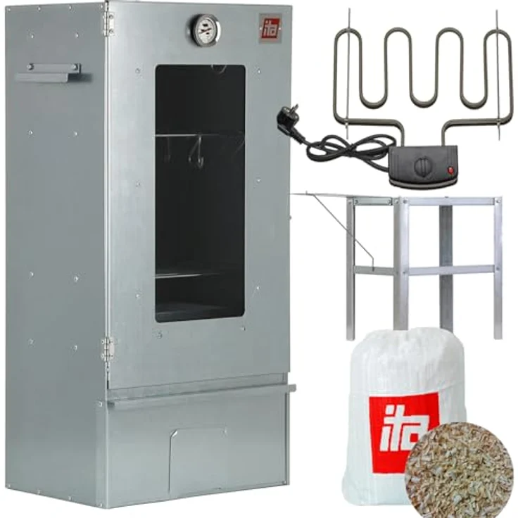 ITA Elektrischer Räucherofen 7002, Smoker Set mit Heizung und Tisch, Edelstahl, 81 cm, 3 Etagen, inkl. Thermometer und 1 kg Räucherspäne – Bild 1