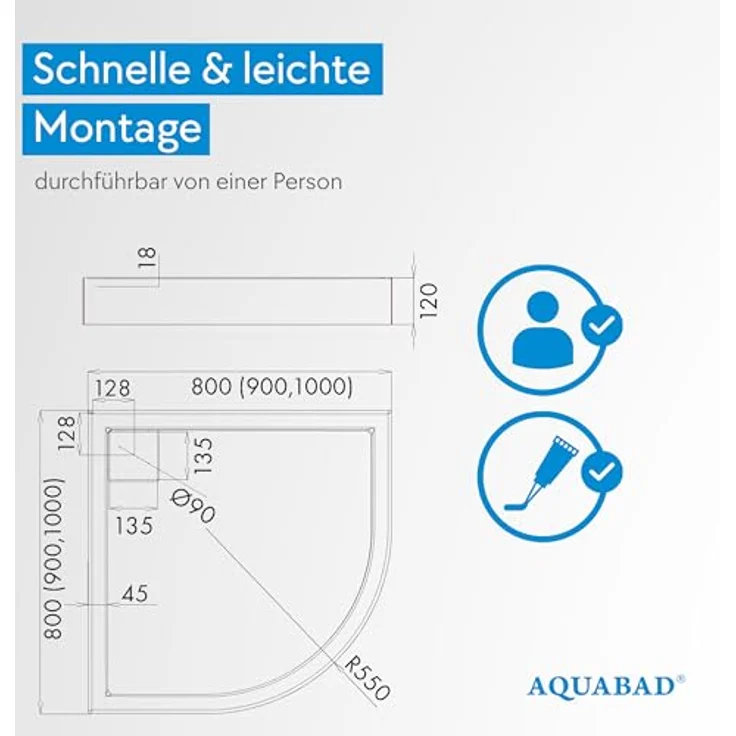 Aquabad® Duschwanne Komplettset FINCA, Viertelkreis, Acryl, 80x80 cm, inklusive Ablaufgarnitur – Bild 5