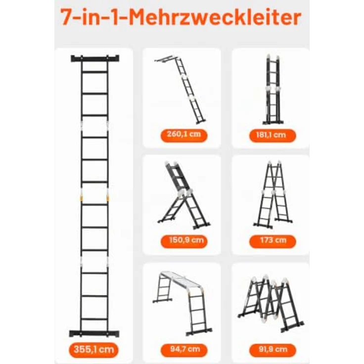 VEVOR 7-in-1 Mehrzweckleiter, A-Rahmen mit 3 Stufen und Gerüstbrett, Teleskopleiter 3550 mm, 150 kg Tragkraft, für den Außenbereich – Bild 2