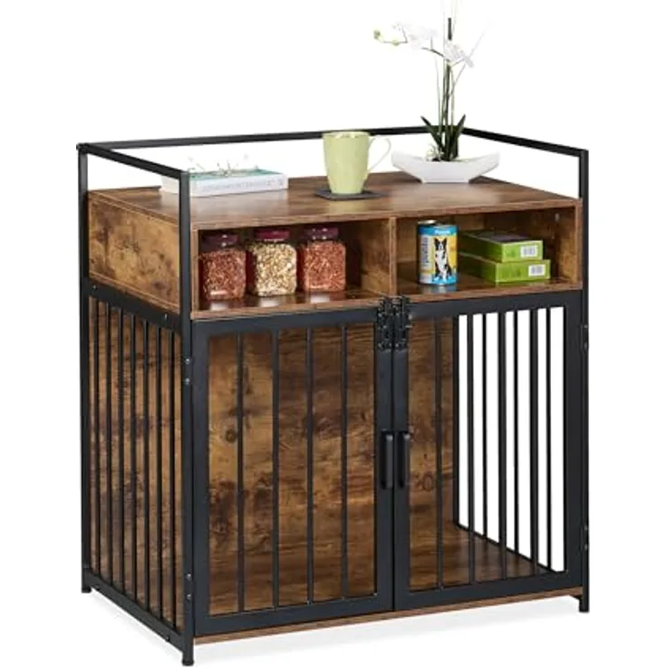 Relaxdays Hundekäfig im Möbelstil, HBT: 85x80x54 cm, Hundebox mit Ablage, 2 Türen, Hundeschrank Holzoptik, braun-schwarz
