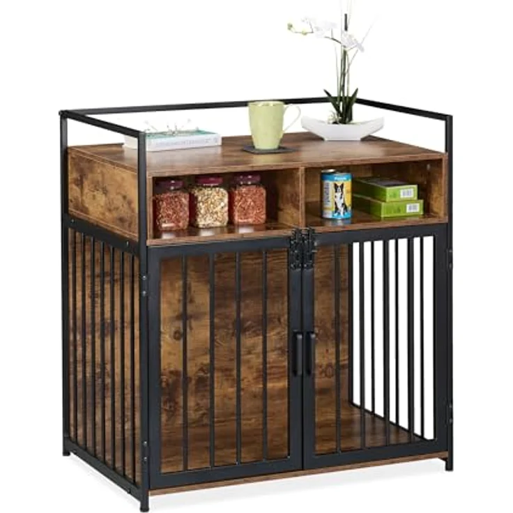 Relaxdays Hundekäfig im Möbelstil, HBT: 85x80x54 cm, Hundebox mit Ablage, 2 Türen, Hundeschrank Holzoptik, braun-schwarz - Preisvergleich – Bild 1