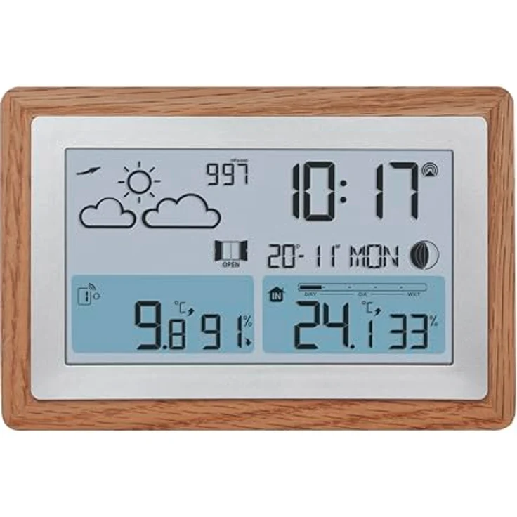 TFA Oak, Funk-Wetterstation, Wetterprognose, Temperatur- und Luftfeuchtigkeitsanzeige, Silber-Braun – Bild 2