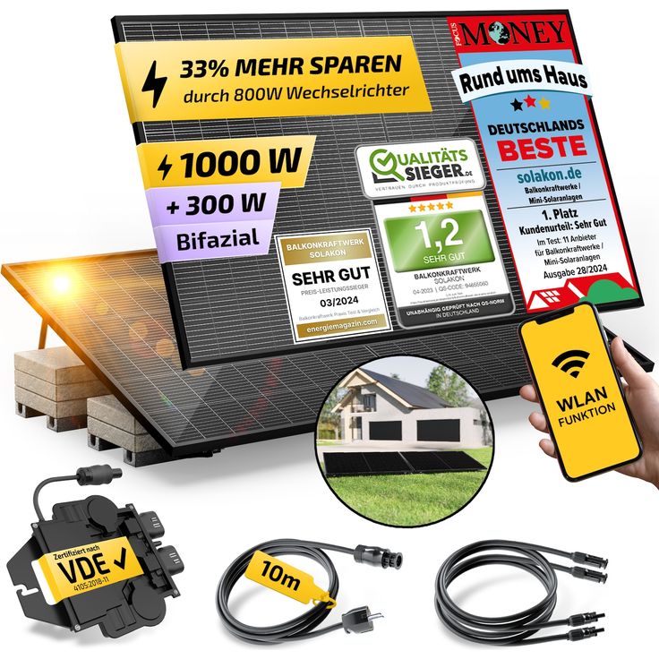 Solakon Balkonkraftwerk 890W / 800W Solaranlage Steckerfertig WIFI mit Garten Halterung Komplettset Photovoltaik Anlage 800W