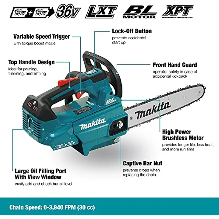 Makita DUC 306 Z Akku Kettensäge 36 V - 2x 18 V Brushless 30 cm Solo - ohne Akku, ohne Ladegerät – Bild 2