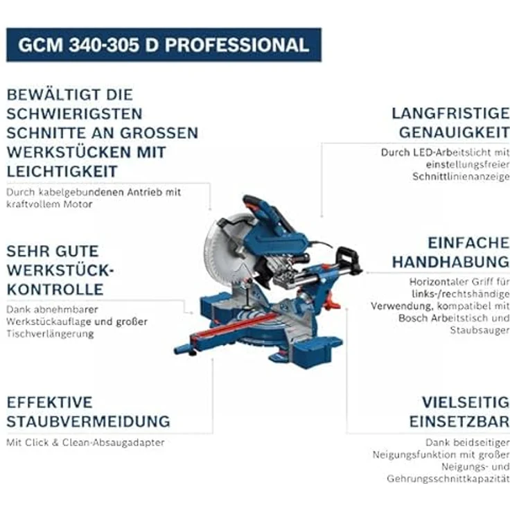 Bosch Professional GCM 340-305 D, kabelgebundene Kapp- und Gehrungssäge mit integriertem LED-Licht, kraftvollem Motor und umfangreichem Zubehör – Bild 2