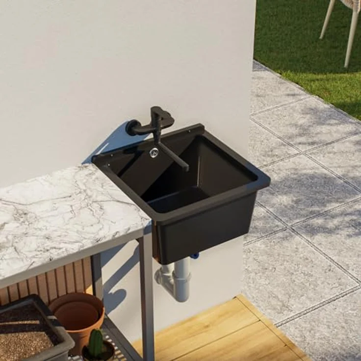 QLS Küchenspüle RIVA, Kunststoff-Spülbecken, 40x38 cm Ausgussbecken für Garten, Garage und Werkstatt, Polypropylen, Weiß – Bild 2