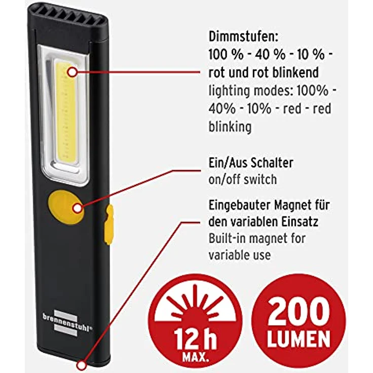 Brennenstuhl LED Akku Handlampe PL 200 A/LED Taschenlampe Mit COB LED (200lm, Inklusive USB-Ladekabel, Bis Zu 12h Leuchtdauer, Werkstattlampe COB Mit Magnet Und Clip) – Bild 2