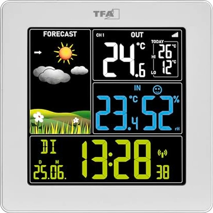 TFA SUN 2, Wetterstation mit farbig beleuchtetem Display, Weiss, integriertes Barometer, Außentemperatur- und Luftfeuchtigkeitsmessung, dimmbares Display – Bild 3
