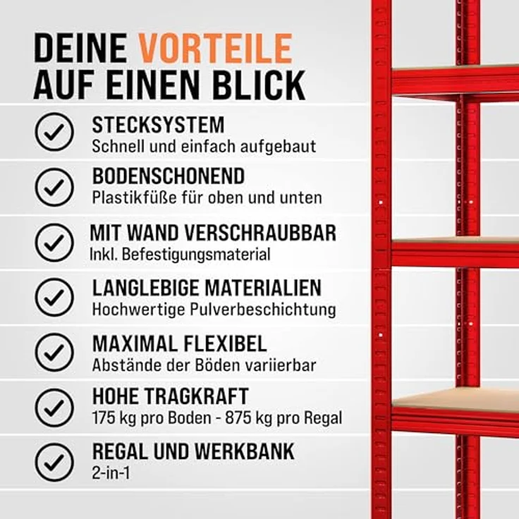 Monzana Schwerlastregal Kellerregal Steckregal Werkstattregal Lagerregal Regal 5 Böden - 180x90x40cm - Rot – Bild 6