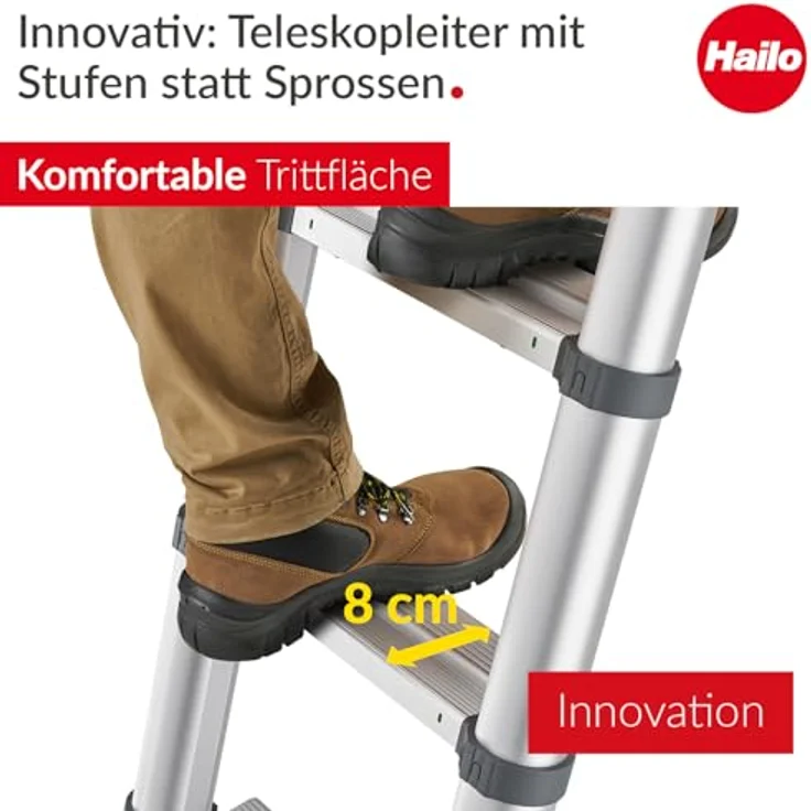 Hailo Teleskop-Anlegeleiter Aluminium, 9 Stufen, max. 150 kg, 265 cm, rutschfeste Sprossen, anodisierte Oberfläche, Einhand-Auslösesystem – Bild 2